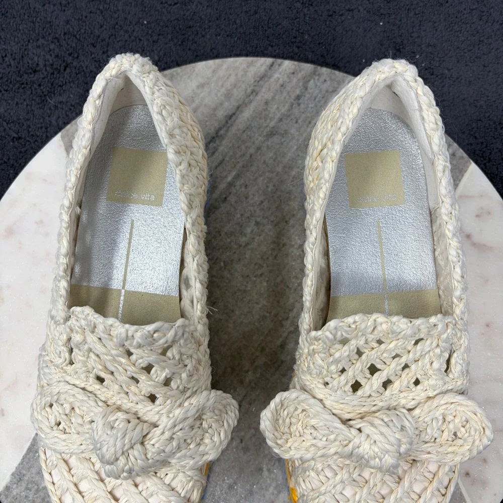 Dolce Vita Woven Raffia Platform Loafer Cream Blue Yellow Striped Espadrille 5.5